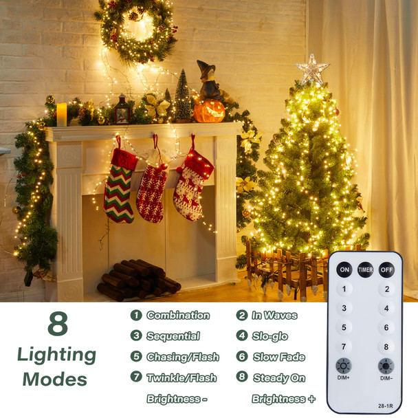Christmas Tree Lights with Ring - 640 LED 7Ft Christmas Tree Decorations String Lights with 8 Modes & Remote, Waterproof for Indoor Outdoor Xmas Tree Decor, Warm White