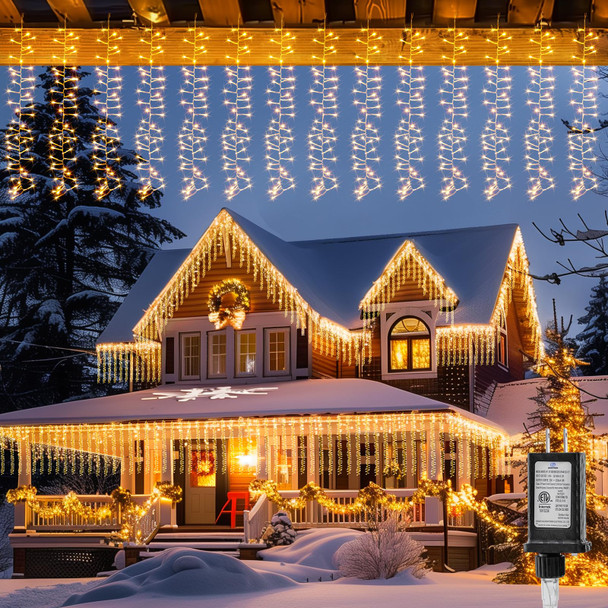 Brightown Cluster Icicle Lights Outdoor, 10FT2.5FT 480 LED Curtain Lights with 12 Mode, Icicle String Lights with Timer, Waterproof Firecracker Christmas Lights Outdoor for Bedroom Indoor, Warm White