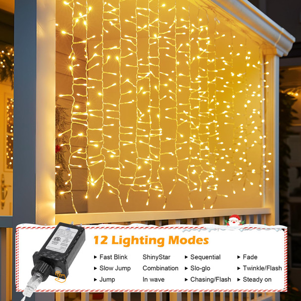 Brightown Cluster Icicle Lights Outdoor, 10FT2.5FT 480 LED Curtain Lights with 12 Mode, Icicle String Lights with Timer, Waterproof Firecracker Christmas Lights Outdoor for Bedroom Indoor, Warm White