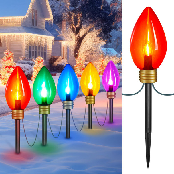 Super Jumbo C9 Christmas Pathway Lights Outdoor - 11 Feet 5 LED Jumbo C9 Pathway Lights, Jumbo Colored Light Bulb Christmas Lights Outdoor Decorations for Lawn Holiday Yard, Multicolor