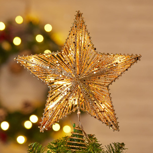Christmas Star Tree Topper, Plug in 3D Star Tree Topper, 11”Golden Glittered Metal Hollow Designed Built-in 10 Bulbs String Lights for Christmas Tree Decorations