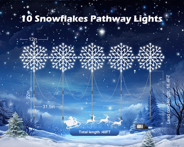 Snowflake Lights Outdoor, 10 Large Snowflake Christmas Pathway Lights Outdoor Christmas Decorations Yard Sidewalk Walkway Driveway Marker Stake, White