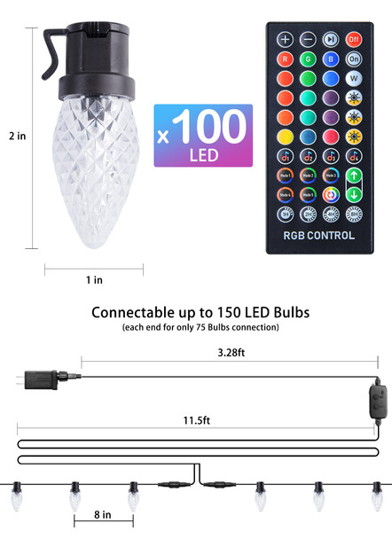 C9 RGB Smart Christmas Lights, 66 Feet 100 LED C9 Color Changing Lights with Music Sync Remote APP, Waterproof Commercial Grade Extendable C9 String Lights for House Indoor Outdoor Xmas Tree Decor