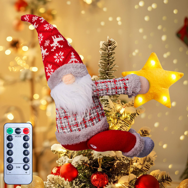 Christmas Tree Topper Gnome Decorations with Lights, 21.7 Inches Handmade Embrace Christmas Tree Gnome with Lighted Star, Christmas Home Decor Curtain Tie Wine Bottle Decoration
