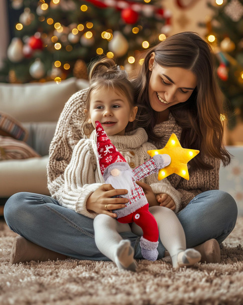 Christmas Tree Topper Gnome Decorations with Lights, 21.7 Inches Handmade Embrace Christmas Tree Gnome with Lighted Star, Christmas Home Decor Curtain Tie Wine Bottle Decoration