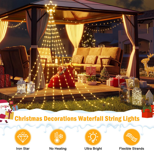 Christmas Decorations Star String Lights - 344 LED 11.8ft 9 Strands Waterfall Tree Lights with Topper Star, 8 Lighting Modes Christmas Lights Indoor Outdoor Decorative for Wedding Yard Party Home