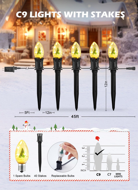 C9 Christmas Pathway Lights Outdoor, 25Ft 20 LED Christmas String Lights with Stakes, 4 Light Modes, Waterproof Connectable Christmas Decorations for Outside Lawn Yard Sidewalk Driveway, Warm White