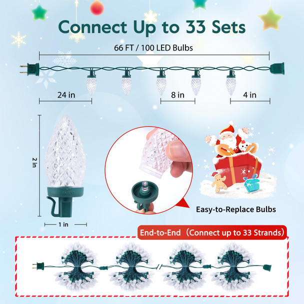 C9 Christmas String Lights White, 66ft 100 LED Faceted Christmas Lights on Green Wire, Plug-in Large Bulb Strawberry String Lights for House Roof Roofline Christmas Tree Party Outdoor