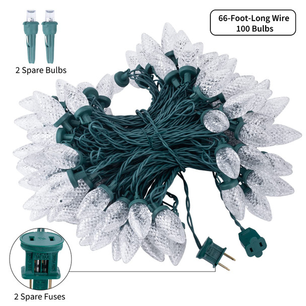 C9 Christmas String Lights White, 66ft 100 LED Faceted Christmas Lights on Green Wire, Plug-in Large Bulb Strawberry String Lights for House Roof Roofline Christmas Tree Party Outdoor