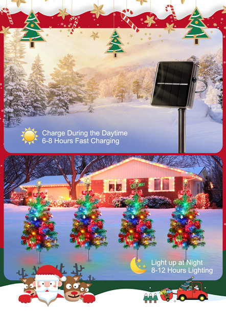 Solar Christmas Tree, 4 Packs Each 2.5 Ft Outdoor Lighted Christmas Tree with Multicolor Christmas Lights, Small Christmas Tree with Lights