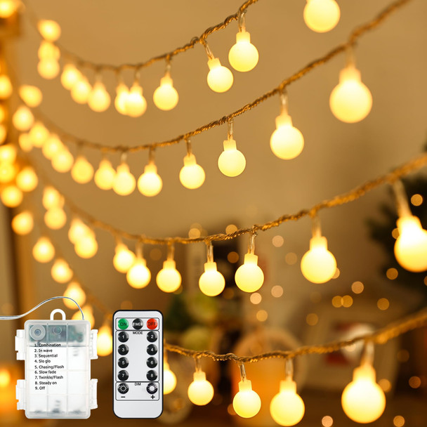 BrizLabs Globe String Lights, 2 Pack Total 120 LED Battery String Lights Warm White, 8 Mode Ball Fairy String Lights with Remote Timer Twinkle Light for Indoor Outdoor Xmas Bedroom Patio Party Wedding