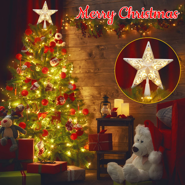 BrizLabs Lighted Christmas Star Tree Topper, 8” Silver Star Xmas Treetop with 10 Lights, UL Plug-in Warm White Tree Topper for Holiday Christmas Tree Decor