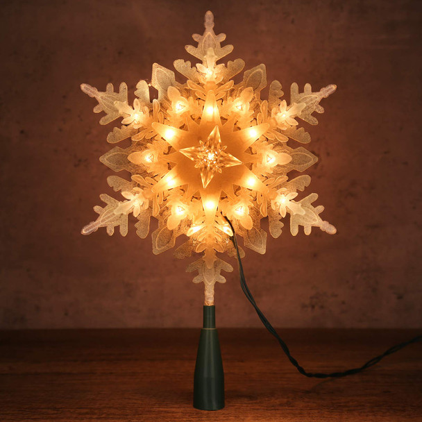Brizled Christmas Snowflake Tree Topper, 9.25in Lighted Christmas Treetop with 20 Warm White Lights, 120V UL Plug in Christmas Tree Top Star for Xmas Tree Indoor Party Home Office Decoration