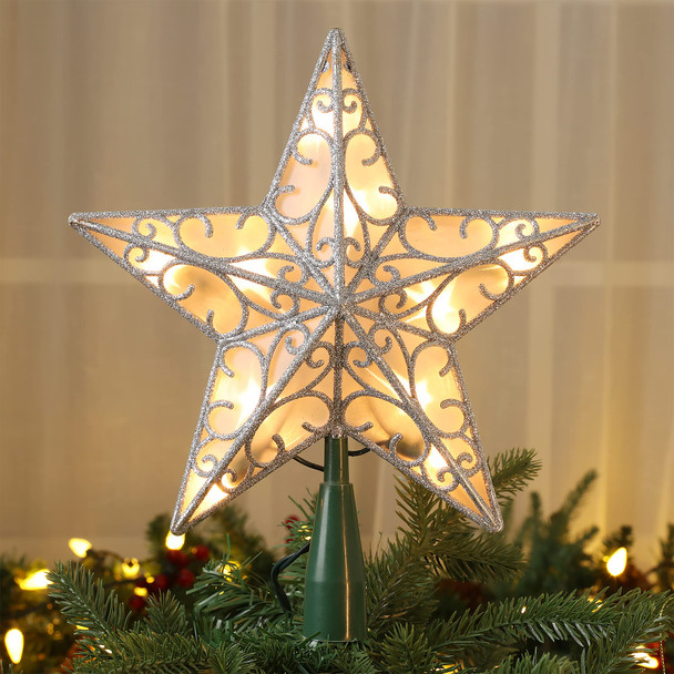 Brizled 9.5” Christmas Star Tree Topper, Glittered Silver Treetop Star, 3D Star Christmas Tree Topper with 10 Lights, UL Lighted Xmas Tree Topper for Christmas Tree Decorations