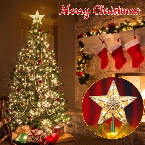 Brizled 9.5” Christmas Star Tree Topper, Glittered Silver Treetop Star, 3D Star Christmas Tree Topper with 10 Lights, UL Lighted Xmas Tree Topper for Christmas Tree Decorations