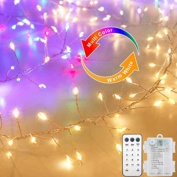 Dual Color Changing Cluster Fairy Lights Battery Operated, 10Ft 200 LED Fairy Lights with Remote Control Timer Waterproof Firecracker String Lights for Indoor Outdoor Xmas Tree Bedroom Decor