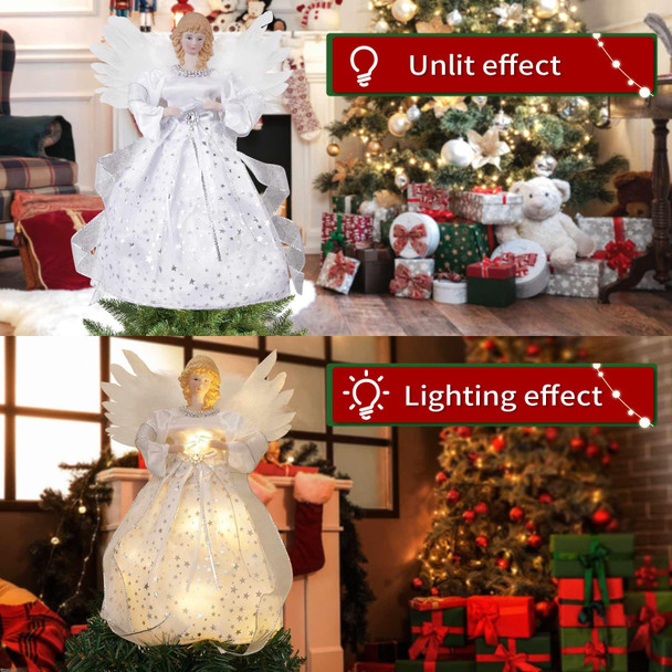 Christmas Angel Tree Topper, Tree Topper Angel with Lights, 8 Modes Christmas Tree Ornament with Timer, Battery Operated Lighted Treetop Ornaments Indoor Christmas Decorations
