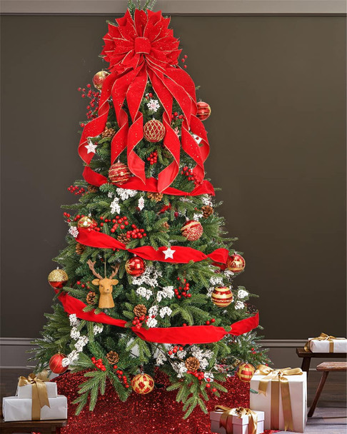 Christmas Tree Topper,33x13 inches Large Toppers Bow with Snowflake Pattern for Christmas Decoration (Red)