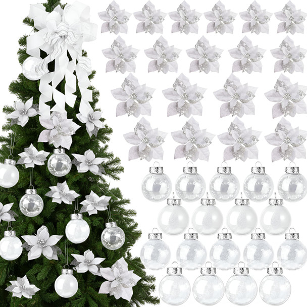 Canlierr 49 Pcs Silver Christmas Tree Decoration Set Christmas Tree Topper Bow 24 Pcs Christmas Glitter Artificial Poinsettia Flowers and 2.36 Inch Xmas Ball Ornaments for Xmas Party Holiday Decor