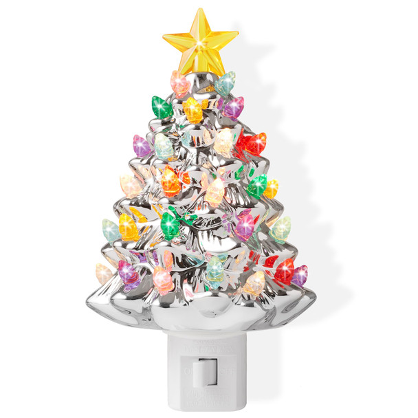 Casafield Ceramic Christmas Tree Night Light - Silver Plug-in Vintage Christmas Decorative Night Light with 28 Bulbs and Star Topper
