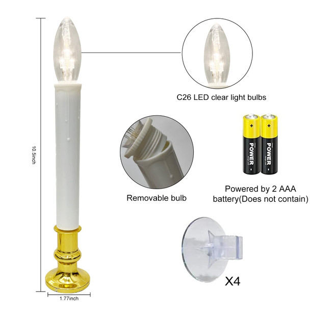 4 Pack Christmas Window Candles Lights, Battery Operated Window Candles with Timer, Flameless LED Christmas Candles with C26 3V LED Bulbs for Dining Table Window Xmas Decor, Gold Base