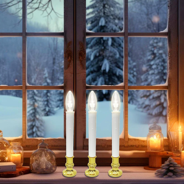 4 Pack Christmas Window Candles Lights, Battery Operated Window Candles with Timer, Flameless LED Christmas Candles with C26 3V LED Bulbs for Dining Table Window Xmas Decor, Gold Base