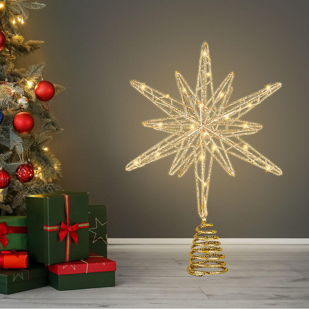 Christmas Tree Star Decorations, 13inches Metal Hollow Design, 20 LED Lights，Sparkling Tree Toppers Christmas Decorations Light up Your Christmas, Star Tree Topper Decorations for Home Holiday Party