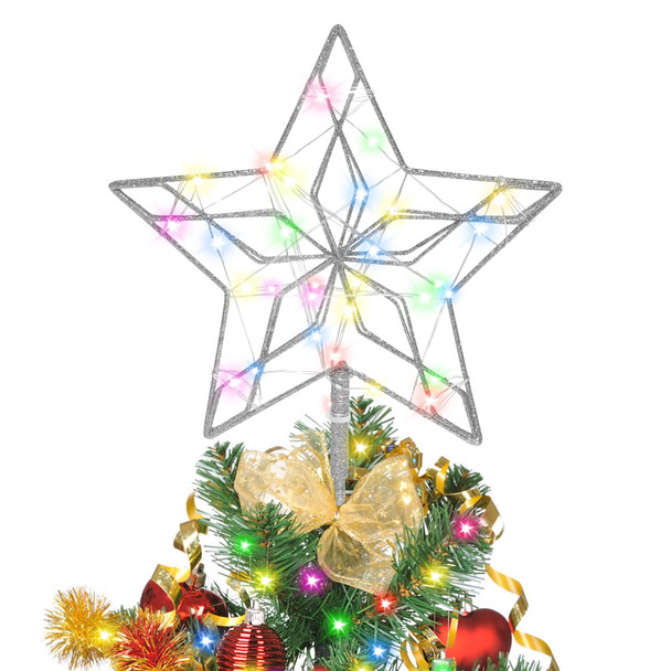 Christmas Tree Star Topper with 50 Colorful Lights,Glitter Silver Hollow Star Tree Topper,Exquisite Metal Tree Topper Star for Christmas,Xmas Party Decors, Year,Holiday Decorations,Party Supplies
