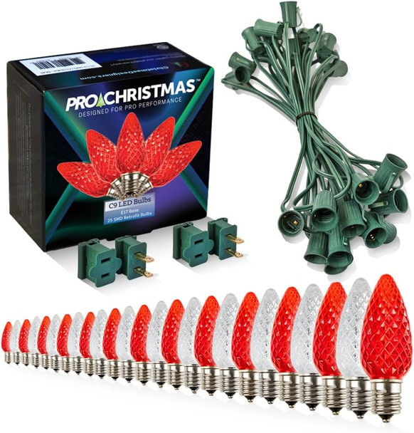 Pro Christmas C9 LED Christmas Lights Kit for Rooflines & Pathways – Cut to Length, Heavy Duty Commercial Grade (Green Wire w/Vampire Plugs, 25 Bulbs, 25 ft) Pure White & Red