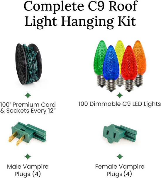 Pro Christmas C9 LED Christmas Lights Kit for Rooflines & Pathways – Cut to Length, Heavy Duty Commercial Grade (Green Wire w/Vampire Plugs, 25 Bulbs, 25 ft) Pure White & Red