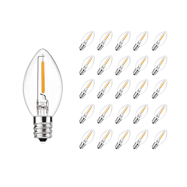 25 Pack LED Night Light Bulb, C7 Clear Replacement Bulbs, Christmas Lights Bulbs for Halloween Outdoor String Lights Decor, E12 Candelabra Base, 0.6 Watt C7 Bulbs Warm White