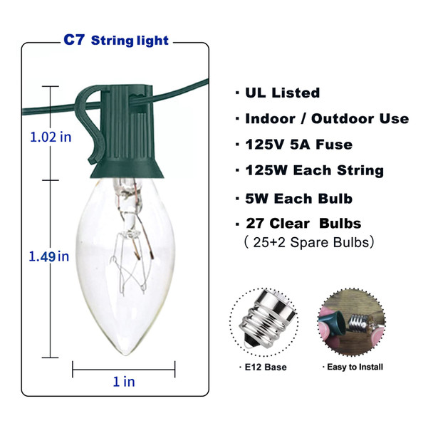 C7 Christmas Lights, 25Ft Outdoor Vintage Christmas Lights- C7 Incandescent Christmas Lights, C7 Light String for Xmas Tree Cafe Wedding Party Patio Decor, Green Wire