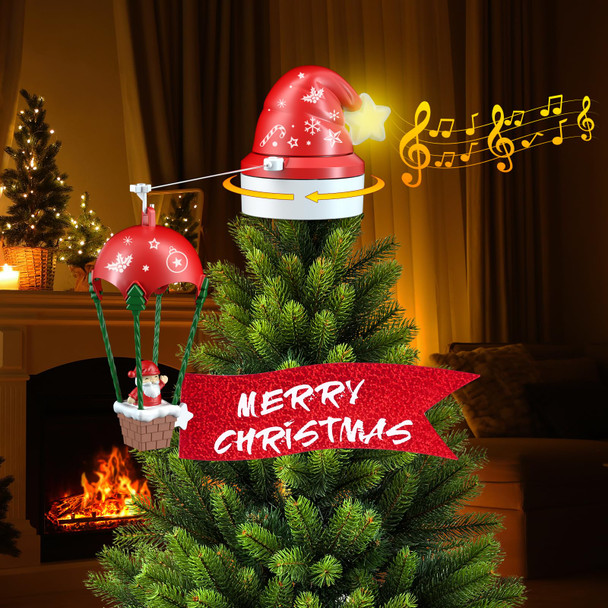 Musical Christmas Tree Topper with Lights-Animated Red Santa Hat Christmas Decorations, Multicolor Roating Tree Topper with Remote Control for Holiday Ornaments or Home Decor