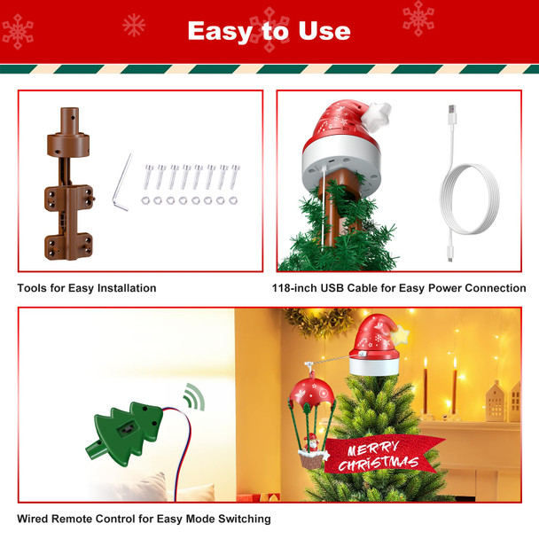 Musical Christmas Tree Topper with Lights-Animated Red Santa Hat Christmas Decorations, Multicolor Roating Tree Topper with Remote Control for Holiday Ornaments or Home Decor