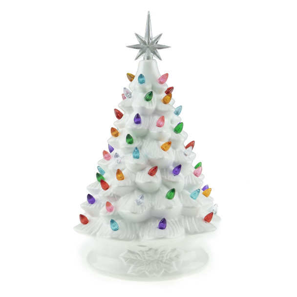 Clever Creations 15 Inch Pre Lit Tabletop Ceramic Christmas Tree, Hand Painted Holiday Decoration with Multicolored Lights, White
