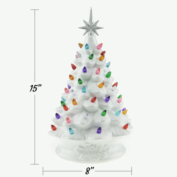 Clever Creations 15 Inch Pre Lit Tabletop Ceramic Christmas Tree, Hand Painted Holiday Decoration with Multicolored Lights, White