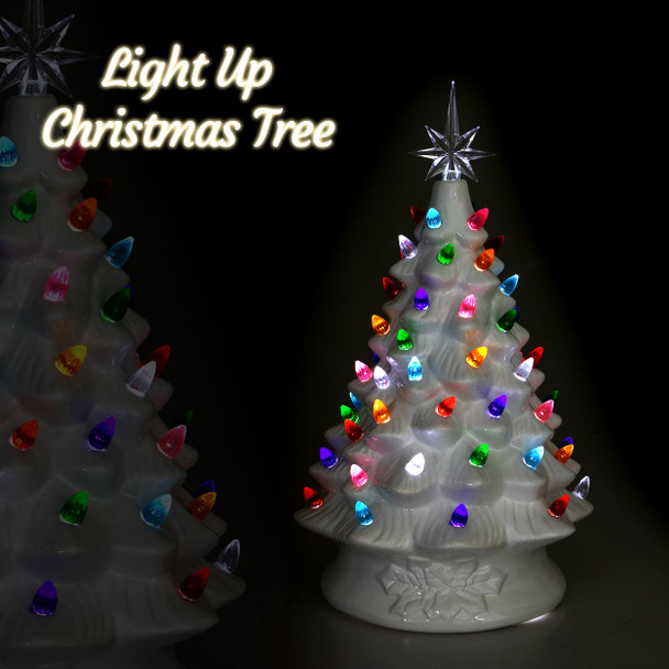 Clever Creations 15 Inch Pre Lit Tabletop Ceramic Christmas Tree, Hand Painted Holiday Decoration with Multicolored Lights, White