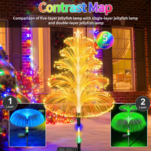 Solar Christmas Decorations Trees Lights Outdoor Waterproof Solar Christmas Tree Jellyfish Lights 5 Layer Optical Fiber 7 Color Changing for Pathway Lawn Patio Outside Decorative, 3PCS