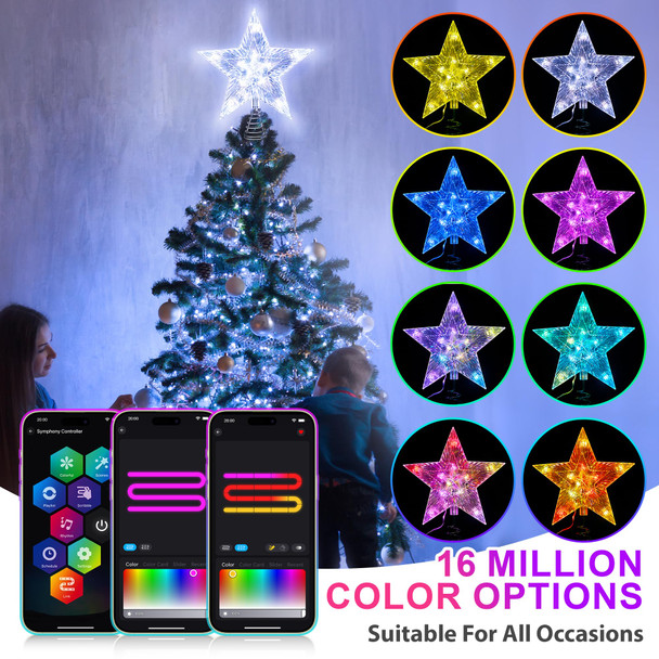 82 Modes 8" Smart Christmas Star Tree Topper with Lights - 11 Bright LED 16 Million Colors DIY Tree Star Topper, App Control Music Sync with Remote Indoor Outdoor Decoration