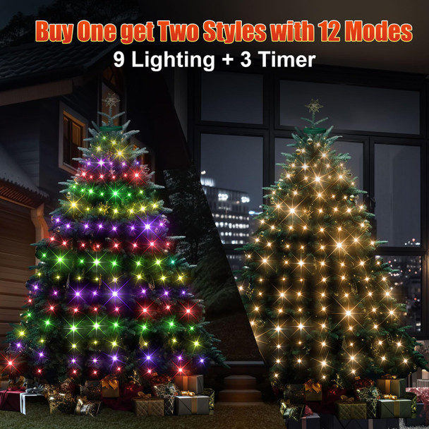 12 Modes Easy Christmas Tree Lights with Ring Indoor Outdoor - 6.56Ft x 12 Lines String 288 LED Timer Dimmable Remote Waterproof Light for 6 7 Ft Xmas Trees (Warm White or Multicolor)