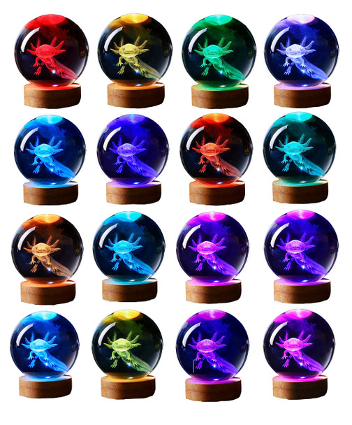 axolotl lamp,3.15 inch 3D K9 Crystal Ball Axolotl Night Light with Wooden Base,16 colors change,remote control,color box,Birthday Christmas axolotl