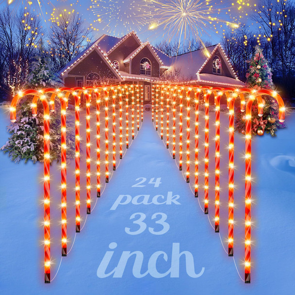 COOLWUFAN 24 Pack Christmas Candy Cane Lights, 33'' Light Up Candy Cane Decoration Outdoor Yard, Waterproof Christmas Decor Pathway Lights