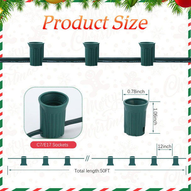 C7/E12 Christmas Light Sockets Set, UL Listed C7 Sockets C7 Christmas Light Spool C7 Light Stringer C7 Strand 12" Socket Spacing C7 Spool Wire for Patio Backyard Xmas Tree Roofline (50ft)