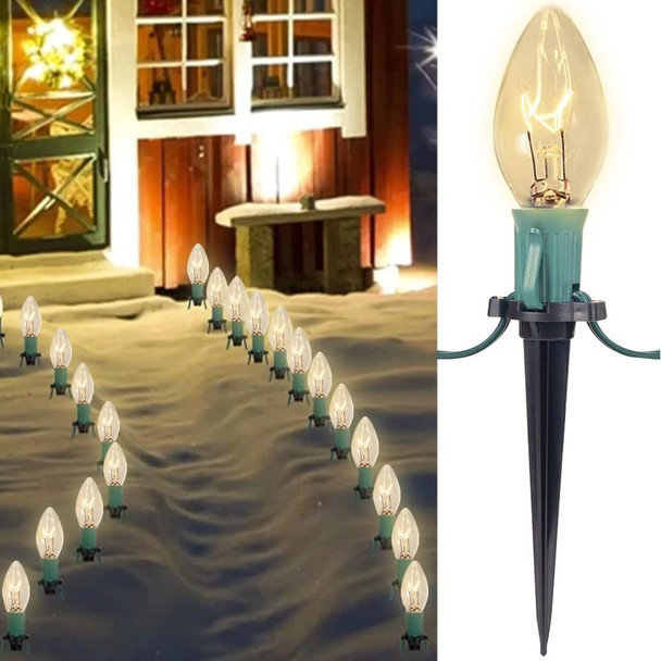 C9 Christmas Pathway Lights, 38FT Clear Christmas Pathway String Lights with 25 Incandescent Bulbs and Stakes for Outdoor Walkway Driveway Backyard Christmas Decorations, Warm White