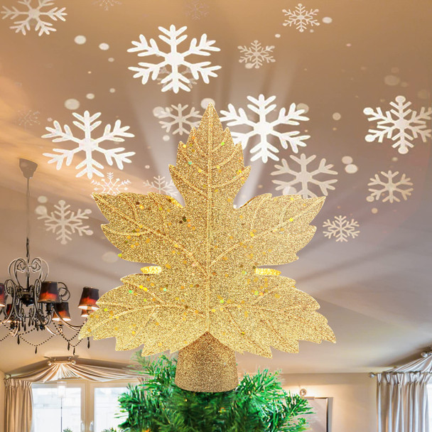 Christmas Tree Topper Lighted Star with Snowflake Projector, 3D Hollow Sparkling Star Christmas Tree Topper with Rotating Magic Gold Snowflake Projector for Christmas Tree Ornament Decorations