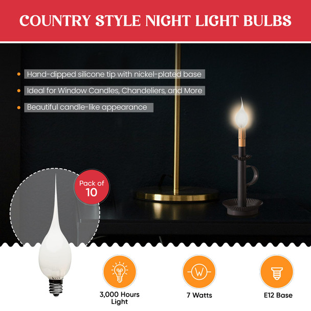 Creative Hobbies® Silicone Dipped, Country Style, Electric Candle Lamp Chandelier Light Bulbs, 7 Watt, Individually Boxed, Wholesale Pack of 10 Bulbs Creative Hobbies® Silicone Dipped, Country Style, Electric Candle Lamp Chandelier Light Bulbs, 7 Watt, Individually Boxed, Wholesale Pack of 10 Bulbs