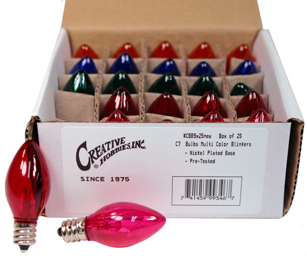 Creative Hobbies® Box of 25 Colored Light Bulbs, Random Blinking, 7 Watt, C7 Candelabra Base -Great for Night Lights and Christmas Strings Creative Hobbies® Box of 25 Colored Light Bulbs, Random Blinking, 7 Watt, C7 Candelabra Base -Great for Night Lights and Christmas Strings