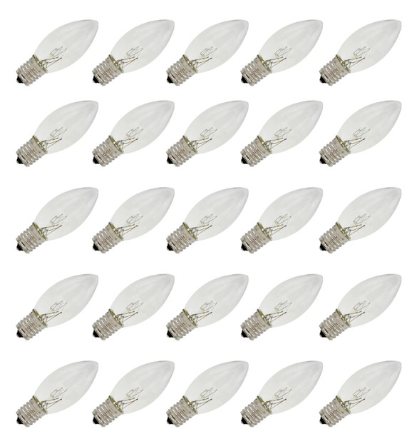 Creative Hobbies 25 Pack C9 Clear Blinking Replacement Bulbs for Christmas Lights, E17 C9 Intermediate Base, Random Blinking, 7 Watt, Cool White, Transparent, Cool White