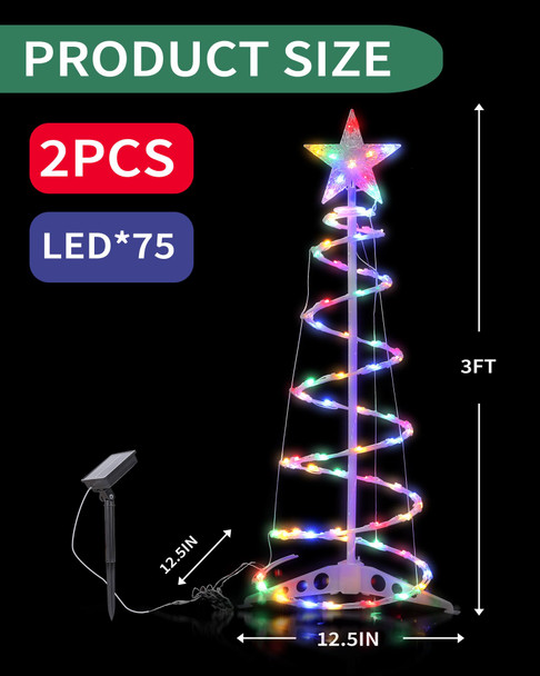 3ft Solar LED Spiral Christmas Tree Lights 140 LEDs, Outdoor Christmas Decorations, Small Christmas Tree with Lights, for Lawn, Patio, Yard Solar Christmas Lights, Colorful 2 Pack