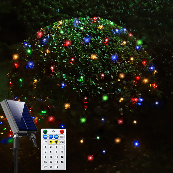 Solar Net Christmas Lights Colorful, 192 LED Net Lights Outdoor Mesh Lights, Waterproof 8 Modes Solar Powered String Lights for Shrubs, Garden, Bushes, Trunk, Halloween, Xmas Tree Decor